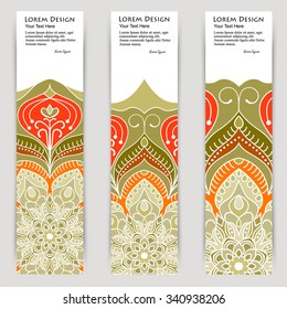 multicolored set of vertical banner templates with hand drawn tribal ornament, mandala. Vector illustration