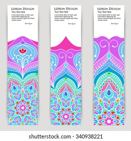 multicolored set of vertical banner templates with hand drawn tribal ornament, mandala. Vector illustration