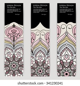 multicolored set of vertical banner templates with hand drawn tribal ornament over dark background, mandala. Vector illustration
