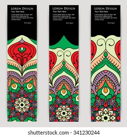 multicolored set of vertical banner templates with hand drawn tribal ornament over dark background, mandala. Vector illustration