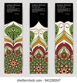 multicolored set of vertical banner templates with hand drawn tribal ornament over dark background, mandala. Vector illustration