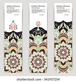 multicolored set of vertical banner templates with hand drawn tribal ornament over dark background, mandala. Vector illustration