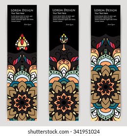 multicolored set of vertical banner templates with hand drawn tribal ornament over dark background, mandala. Vector illustration