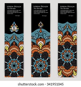 multicolored set of vertical banner templates with hand drawn tribal ornament over dark background, mandala. Vector illustration