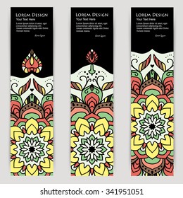 multicolored set of vertical banner templates with hand drawn tribal ornament over dark background, mandala. Vector illustration
