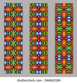 multicolored set of vertical banner templates with hand drawn tribal ornament over dark background, mandala. Vector illustration