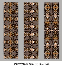 multicolored set of vertical banner templates with hand drawn tribal ornament over dark background, mandala. Vector illustration