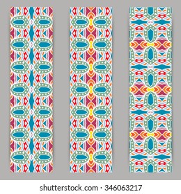multicolored set of vertical banner templates with hand drawn tribal ornament, mandala. Vector illustration