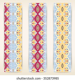multicolored set of vertical banner templates with hand drawn tribal ornament. Vector illustration