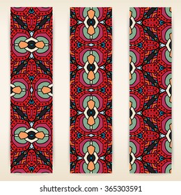 multicolored set of vertical banner templates with hand drawn tribal ornament. Vector illustration