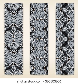 multicolored set of vertical banner templates with hand drawn tribal ornament. Vector illustration