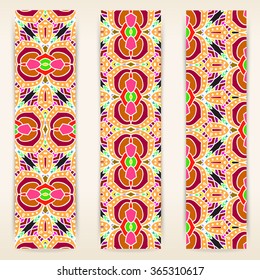 multicolored set of vertical banner templates with hand drawn tribal ornament. Vector illustration
