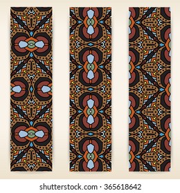 multicolored set of vertical banner templates with hand drawn tribal ornament. Vector illustration