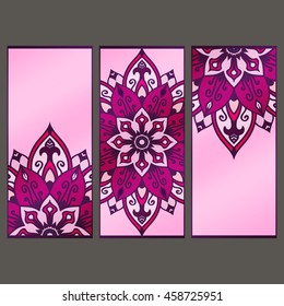 multicolored set of vertical banner templates with hand drawn tribal ornament, mandala. Vector illustration.