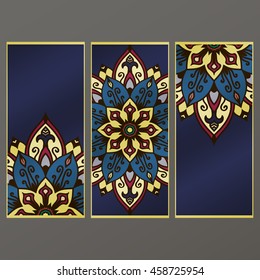 multicolored set of vertical banner templates with hand drawn tribal ornament, mandala. Vector illustration.