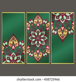multicolored set of vertical banner templates with hand drawn tribal ornament, mandala. Vector illustration.