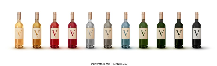 Multicolored set of Wine bottle. Realistic design  isolated on white background.. vector illustration