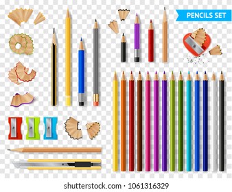 Multicolored set wooden sharpened pencils transparent background and supplies realistic vector illustration