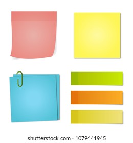 Multicolored sets of notes of different shapes on white isolated background. Notes with the effect of shadows. Vector.