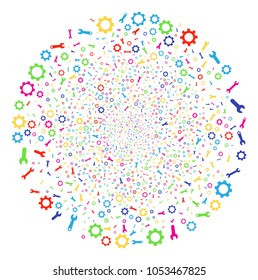 Multicolored Setup Tools fireworks cluster. Vector sphere bang created from scatter setup tools items. Colorful Vector illustration.
