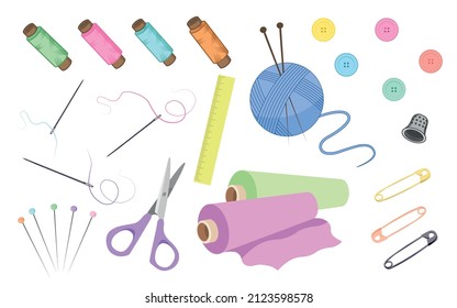 Multicolored sewing kit on white background. Vector cartoon illustration with thread, needles, scissors, buttons, knitting needles, ruler and fabric roll.