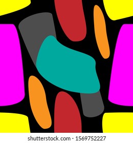 Multicolored shapes on black background. Different pastel colors. Abstract contemporary seamless pattern.