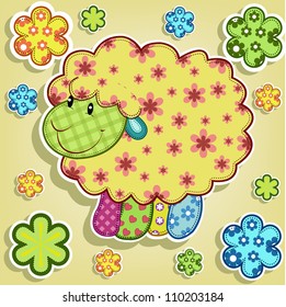 Multicolored sheep with flowers on a yellow background