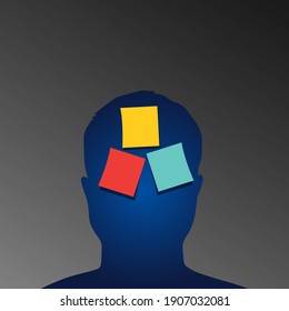 hojas de papel multicolores sobre una silueta abstracta. tres stickers. Una pegatina que te recuerda tus pensamientos o ideas. ilustración vectorial
