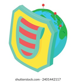 Multicolored shield icon isometric vector. Bright shield on planet background. Protection concept, historical period
