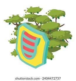 Multicolored shield icon isometric vector. Bright shield on big tree background. Protection concept, historical period