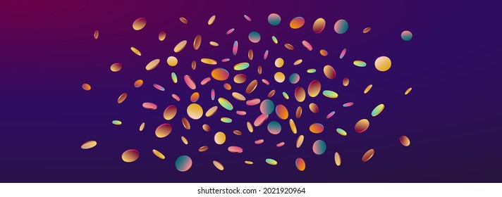 Multicolored Shine Invitation Panoramic Purple Background. Rainbow Carnival Confetti Backdrop. Christmas Postcard. Hologram Vector Illustration.