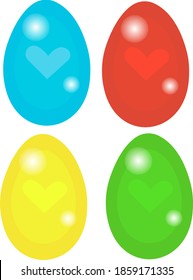 Multicolored and shiny chicken eggs with a pattern in the shape of a heart. Concept for Easter and holidays objects on white background
