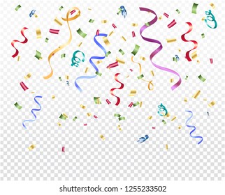 Multicolored shiny confetti on transparent background