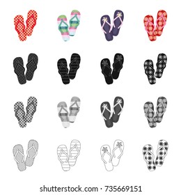 Multi-colored shoes, beach slippers. Different kinds of flip flops set collection icons in cartoon black monochrome outline style vector symbol stock illustration web.