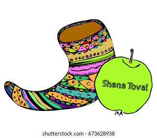Multicolored shofar and an apple on Rosh Hashanah. The Jewish New Year. Shana Tova. Hebrew. Doodle. Hand draw. Vector illustration on isolated background.