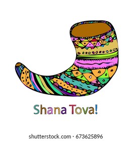 Multicolored shofar on Rosh Hashanah. The Jewish New Year. Shana Tova. Hebrew. Doodle. Hand draw. Vector illustration on isolated background.