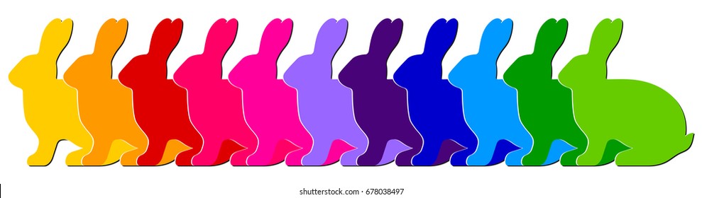 Multicolored side silhouettes of rabbits in a row isolated on white background. Vector EPS10
