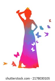 Multicolored silhouette of a girl with butterflies. Vector illustration