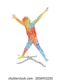 A multicolored silhouette of a jumping happy child. Vector illustration