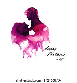 The Multicolored silhouette of mom and daughter. Mixed media. Happy Mother's Day. Vector illustration