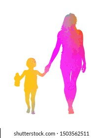 The Multicolored silhouette of mom and daughter. Vector illustration