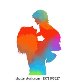 The Multicolored silhouette of mom and daughter. Vector illustration