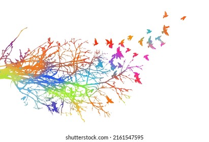 Multicolored silhouette of trees with flying birds . Vector illustration