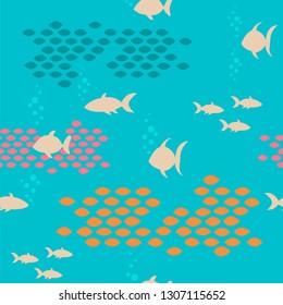 Multicolored silhouettes of fish on a blue background. Various sea animals.