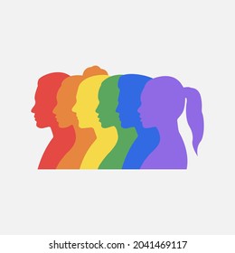 mehrfarbige Silhouetten von Profilen von Männern und Frauen, die die LGBT-Fahne bilden. Farben des Regenbogens. LGBTQ-Leute. LGBTQ + Zeichen. Vektorgrafik.