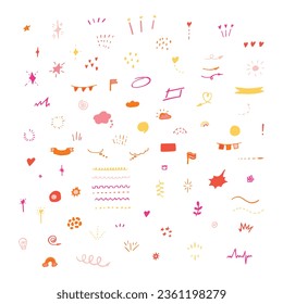 Conjunto de ilustraciones decorativas multicolores simples a mano. Doodles, estrellas, chispas, corazones, decoraciones, marcos, burbujas de habla, flechas, casillas de verificación, espiral, huevo, bombilla. Ilustración del vector