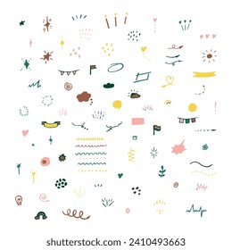 Conjunto de ilustraciones decorativas multicolores simples a mano. Doodles, estrellas, chispas, corazones, decoraciones, marcos, burbujas de habla, flechas, casillas de verificación, espiral, huevo, bombilla. Ilustración del vector