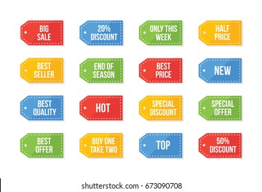 Multicolored Simple Vector Price Tags Set for Discount, Sale, Special Offer