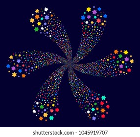 Multicolored Six Pointed Star centrifugal flower cluster on a dark background. Vector abstraction. Psychedelic whirlpool created from random six pointed star objects.