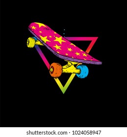 Multicolored skateboard and triangle. Vector illustration. Extreme street sports.
